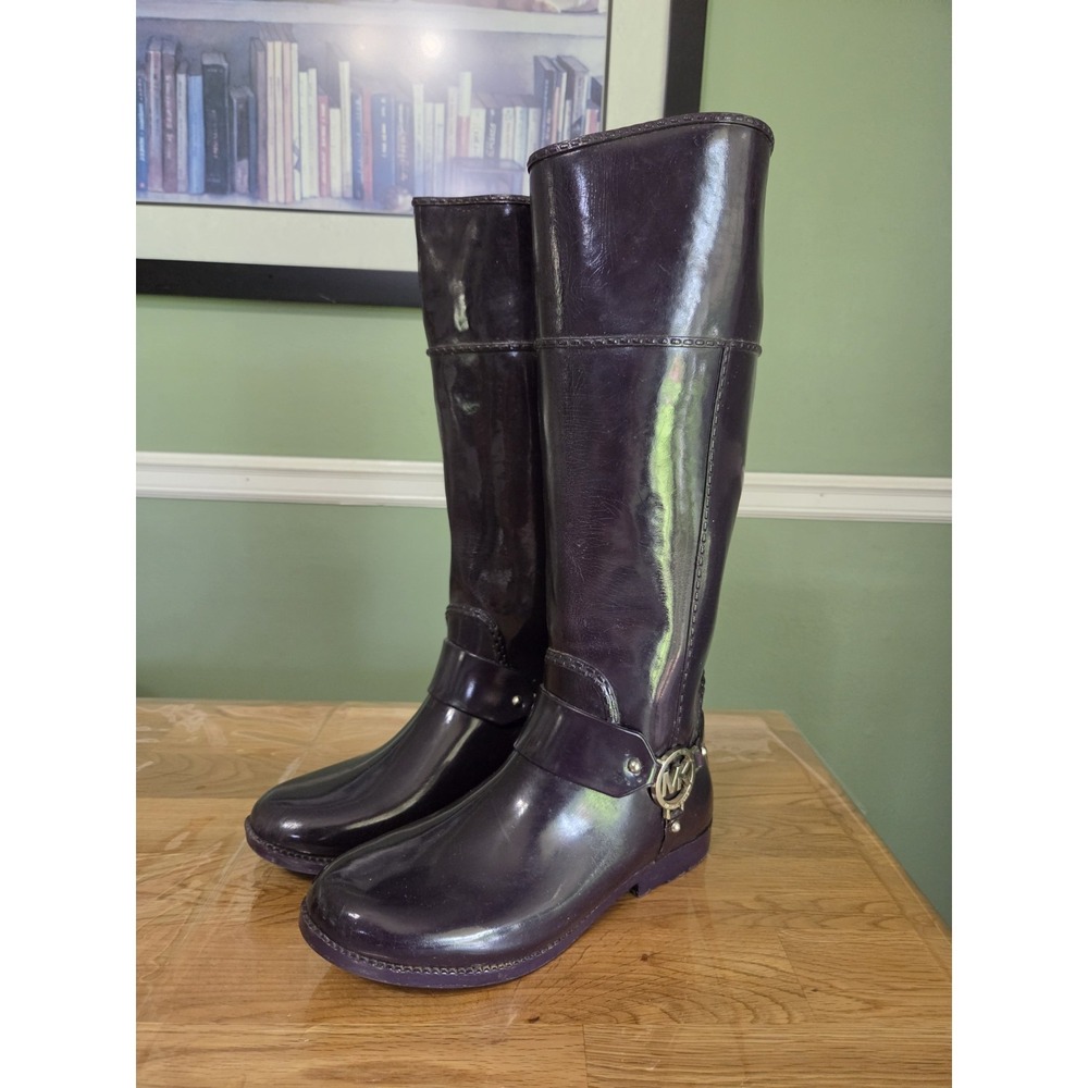 Michael Kors Fulton Purple Rubber Tall Harness Rain Boots Women's Size 8